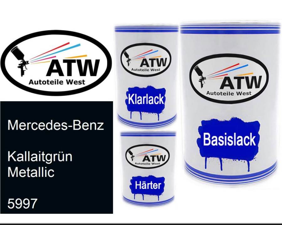 Mercedes-Benz, Kallaitgrün Metallic, 5997: 500ml Lackdose + 500ml Klarlack + 250ml Härter - Set, von ATW Autoteile West.